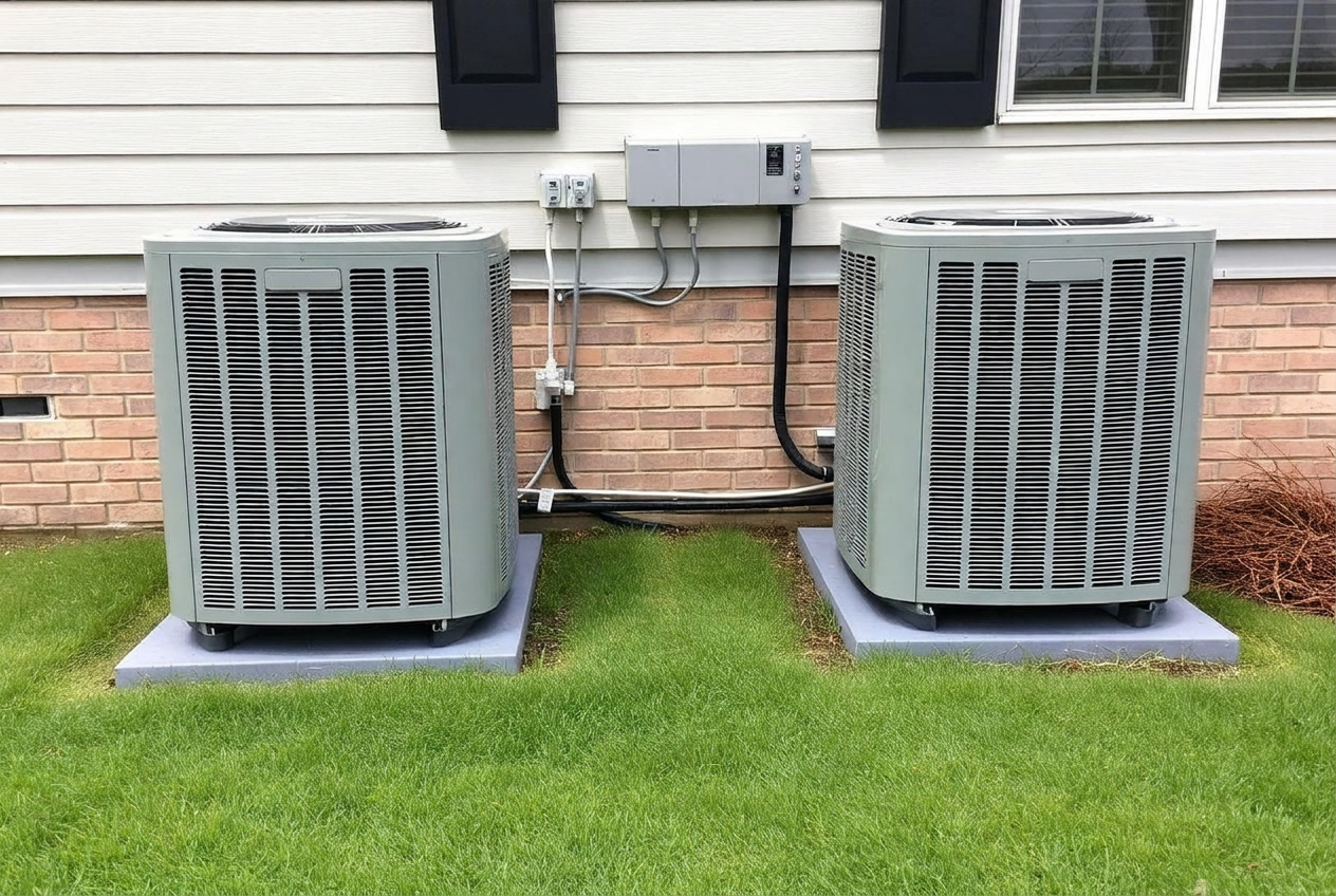 Two new air conditioning condensers installed at a South Jordan, UT home