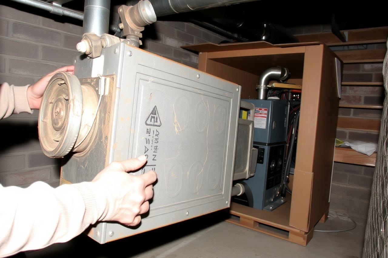 Old furnace being removed from a West Jordan, UT basement